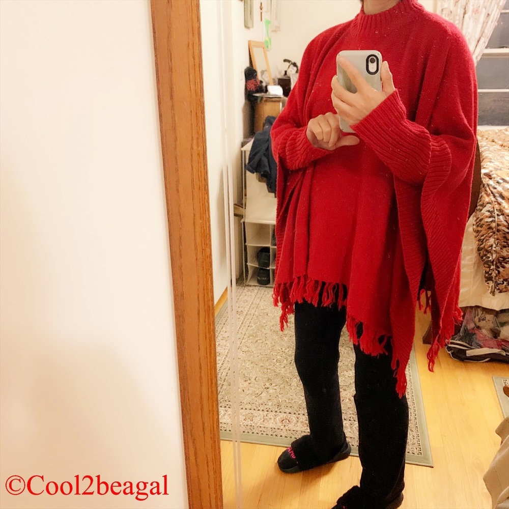Revue Red wool blend sweater mock neck poncho cape tassel one size - Picture 3 of 5